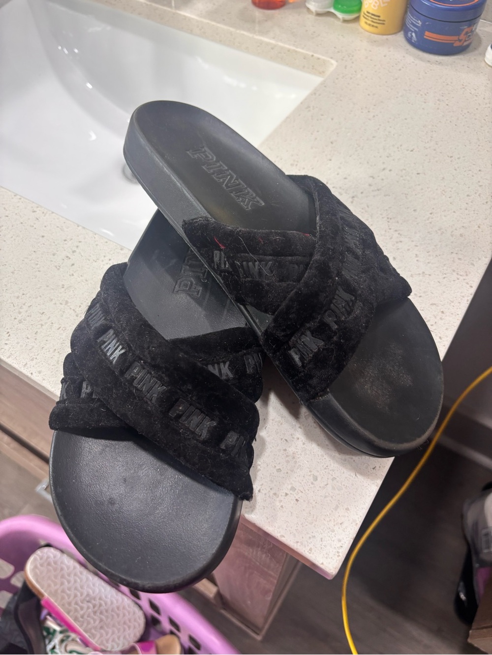 PINK Victoria's Secret Black Fuzzy Crisscross Slide Sandals